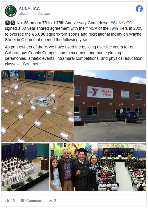 A Facebook post showing a collage of four images: a polished indoor basketball court, the exterior of the Olean YMCA building, a family celebrating a graduation, and a large audience at a commencement event.