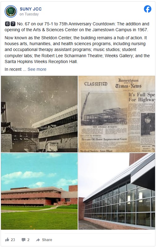 Collage of the Arts & Sciences Center at SUNY JCC: Historic image of the building under construction, vintage newspaper clipping, exterior view of the completed building against a blue sky, and a modern glass facade. The tone is celebratory, marking the 75th anniversary.