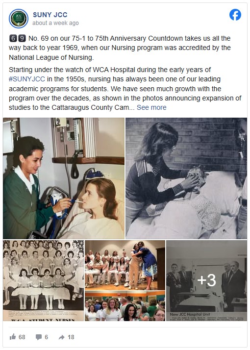 A Facebook post from SUNY JCC highlights the nursing program's history since its accreditation in 1969. Includes archival photos of nurses in action, group shots, and celebrations. The tone is nostalgic and celebratory.