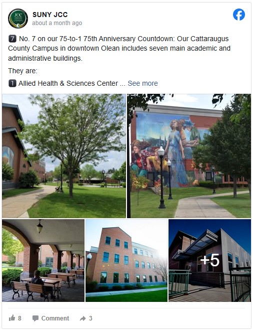 Collage of SUNY JCC Cattaraugus County Campus with various buildings. Includes tree-lined walkways, vibrant mural, and modern architecture.