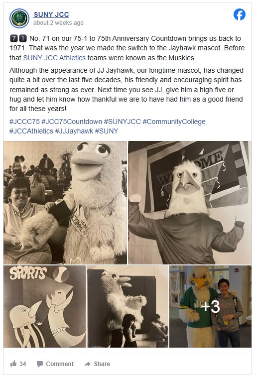 A collage celebrating the SUNY JCC mascot, JJ Jayhawk: features vintage photos of the mascot, a recent image with a student, and sports-themed drawings. Tone is nostalgic and cheerful.