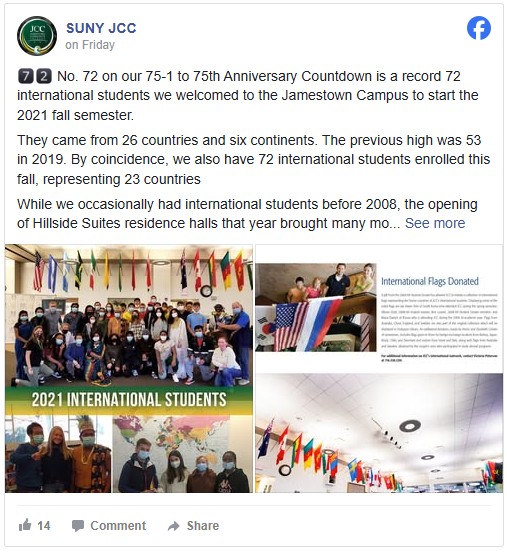 Facebook post showing images of: A diverse group of international students wearing masks pose with flags overhead. Below, smaller groups stand by a world map and display cheerful camaraderie.  A spacious room adorned with various international flags, representing diverse countries, with seating and natural lighting in the background.