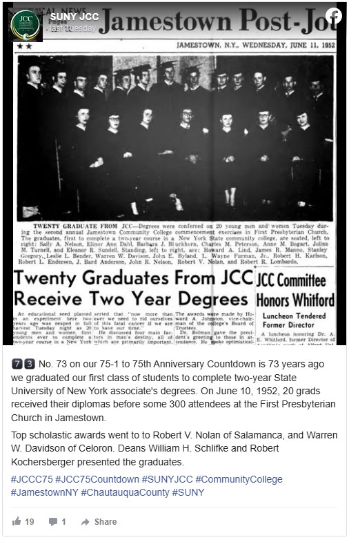 Facebook post showing a newspaper clipping: "Twenty Graduates From JCC Receive Two Year Degrees," listing graduates and showing a group photo of them posed indoors, June 11, 1952, Jamestown Post-Journal.