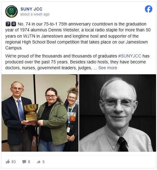 A facebook post showing three people smile while holding a trophy, including an older man in a suit on the left. A black and white portrait of the man is on the right.