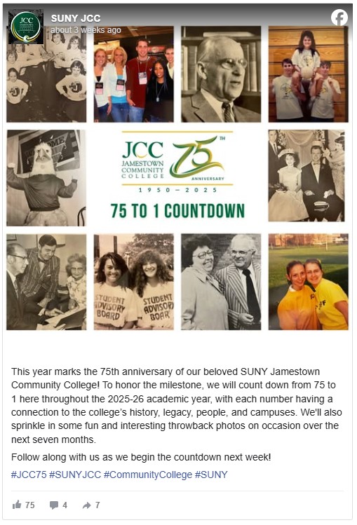 A facebook post showing a collage of photos showing people at Jamestown Community College throughout the years with the JCC 75th anniversary logo and text “75 to 1 Countdown, 1950-2025” in the center.