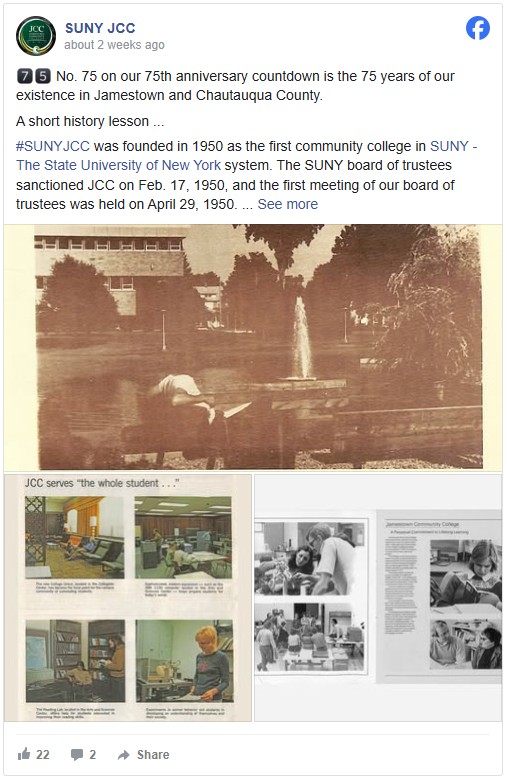 A facebook post showing a vintage sepia-toned photo of SUNY JCC campus features a fountain and trees. Below are images depicting student life, including various activities and classroom settings. The post celebrates the college's 75th anniversary, highlighting its founding history within the SUNY system.