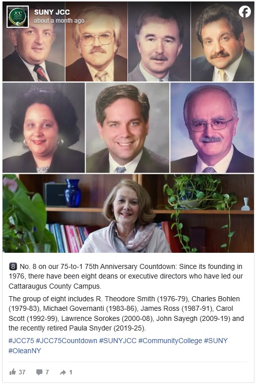 A collage of portraits shows eight leaders from SUNY JCC. Below, a photo of the most recent leader sits smiling, surrounded by plants and books.