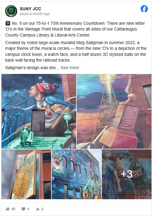 Mural collage featuring vivid, large-scale paintings on a campus building. Includes abstract shapes, human figures, and thematic circles in a dynamic, colorful style.