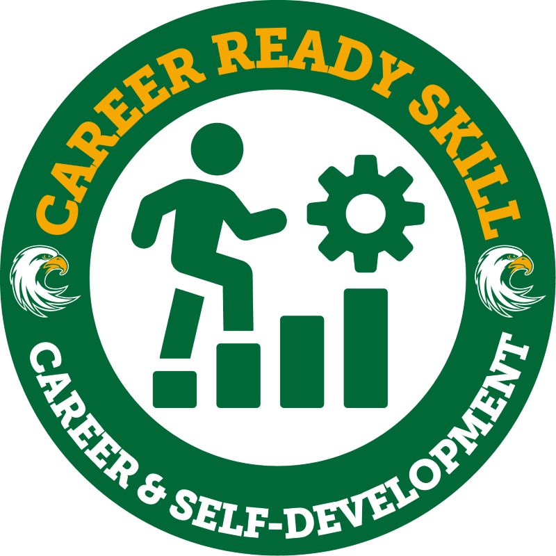 A green circular logo with yellow text that reads "CAREER READY SKILL" at the top and "CAREER & SELF-DEVELOPMENT" at the bottom. The center features a silhouette of a person walking on a bar graph towards a gear, with eagles on either side.