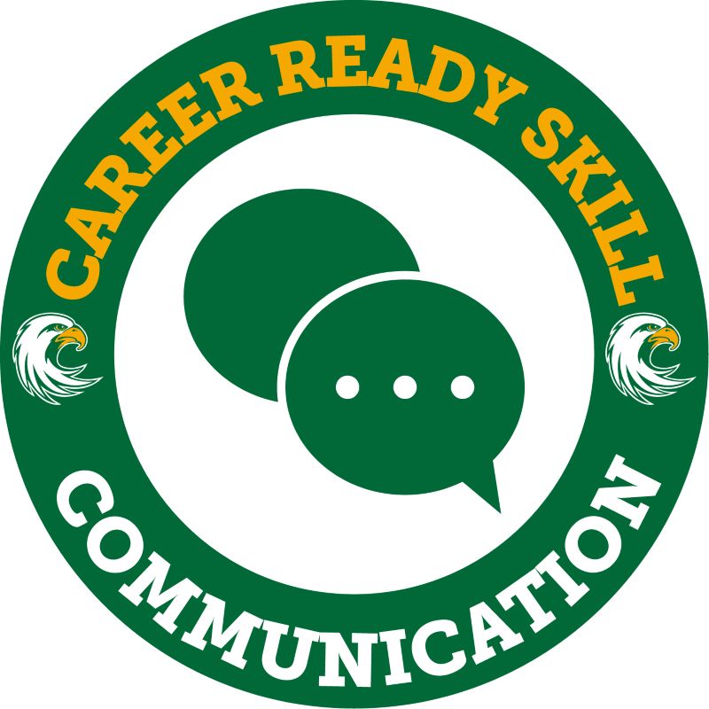 A circular logo with the text "CAREER READY SKILL COMMUNICATION" in yellow and white lettering. It features two green speech bubbles in the center and eagles on either side.