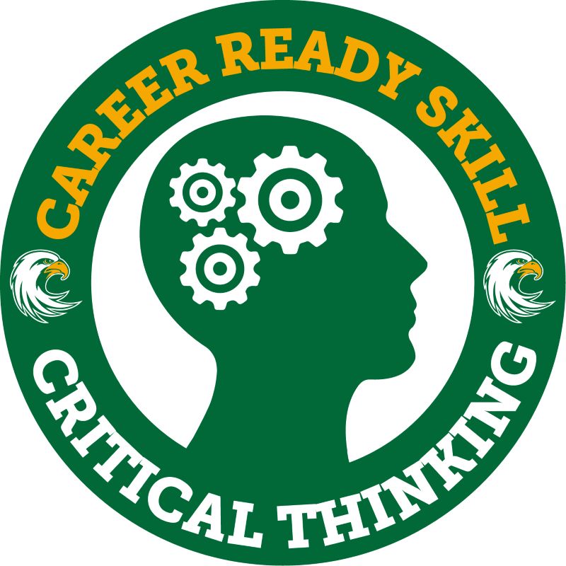 Circular logo with green background and white border. The center of the logo features a green silhouette of a human head in profile, facing right. Inside the head, three white gears are meshed together, symbolizing thought or processing. The outer ring of the logo has text in yellow and white. Arching across the top in yellow capital letters is "CAREER READY SKILL". Arching across the bottom in white capital letters is "CRITICAL THINKING". Two stylized white eagles in profile are positioned on the left and right sides of the outer ring, within the green background.