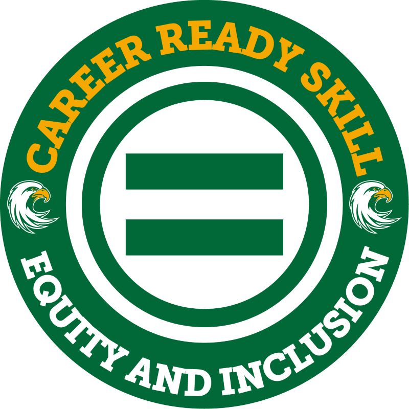 Circular logo with green and white rings. Yellow text "CAREER READY SKILL" arcs around the top half. White text "EQUITY AND INCLUSION" arcs around the bottom half. In the center, inside a green circle, are two horizontal green bars, forming an equals sign. A white eagle head emblem is on the left and right sides, between the inner and outer rings.