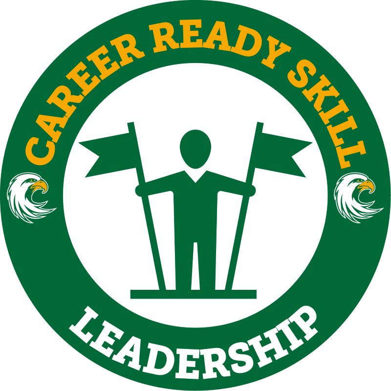 Circular green emblem with "CAREER READY SKILL LEADERSHIP" text in yellow and white. Features a green silhouette of a person holding two flags, flanked by stylized eagle heads on either side.