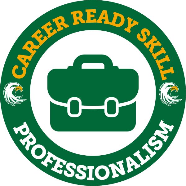 A green circular logo with the text "CAREER READY SKILL PROFESSIONALISM" in yellow lettering. A green briefcase icon is in the center, flanked by white eagle logos.