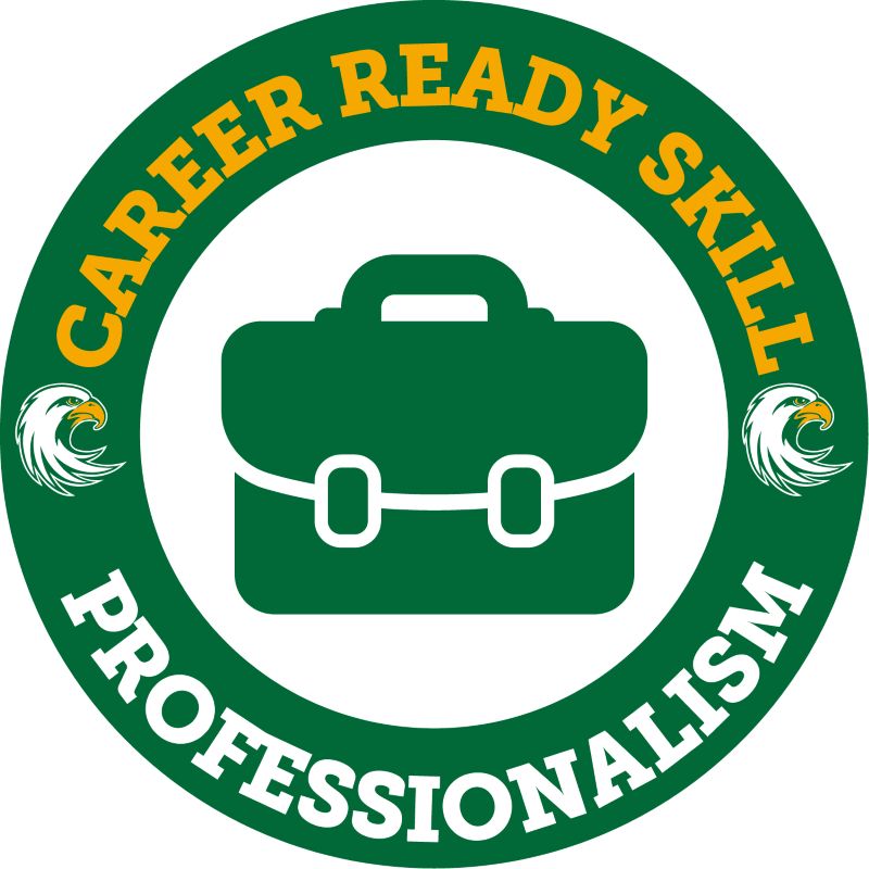 A green circular emblem with yellow text reading "CAREER READY SKILL PROFESSIONALISM" and a white briefcase icon in the center, flanked by two white eagle heads.