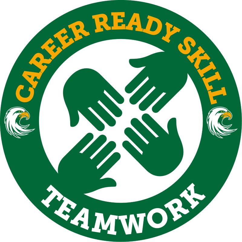 Green circle logo with yellow text reading "CAREER READY SKILL" in the top arc and white text reading "TEAMWORK" in the bottom arc. Four green hands are shown reaching inwards from the edge towards the center, forming a pinwheel shape. Two stylized white eagle heads are positioned on the left and right sides of the circle.