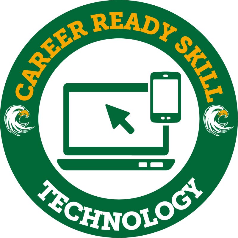 Circular emblem with green border and yellow text "CAREER READY SKILL TECHNOLOGY" around the edge. Inside the circle, a green outline of a laptop and a smartphone are shown, with a green arrow pointing towards them, symbolizing technology. Two white and green eagle heads are visible on the left and right sides of the emblem.