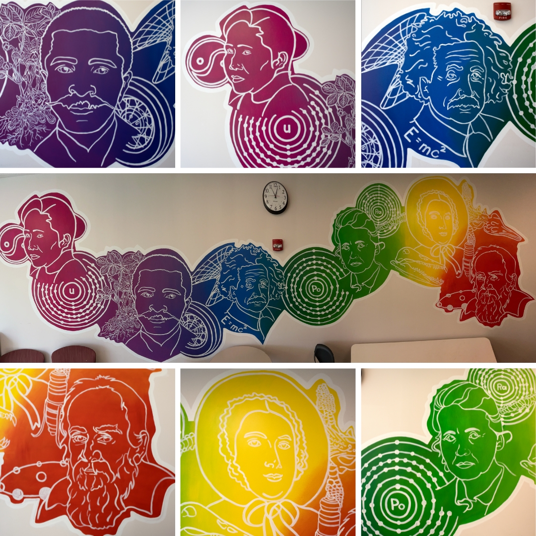 A collage of photos showing parts of a large colorful mural of famous scientists as well as the whole mural.
