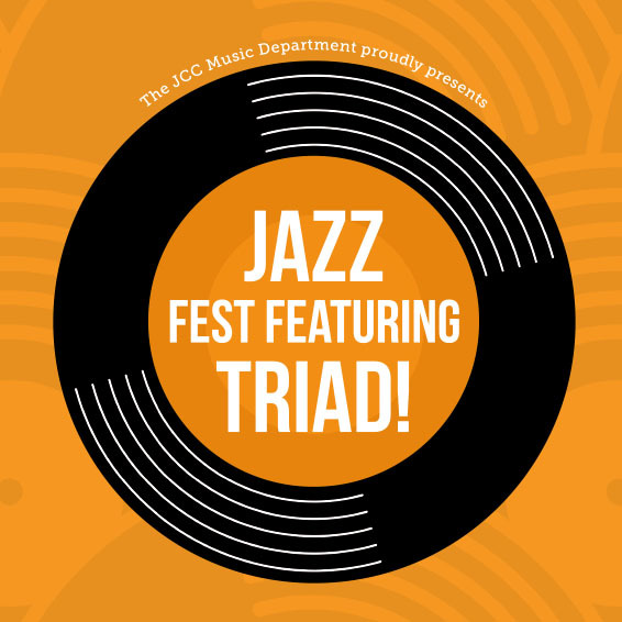 A gold background with black circle, representing a record, that says "Jazz Fest 2022"
