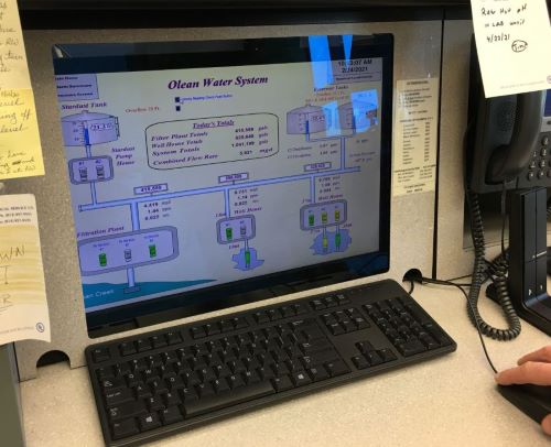  A peek at how water treatment and distribution is controlled by computer inside the Olean Water Filtration Plant.