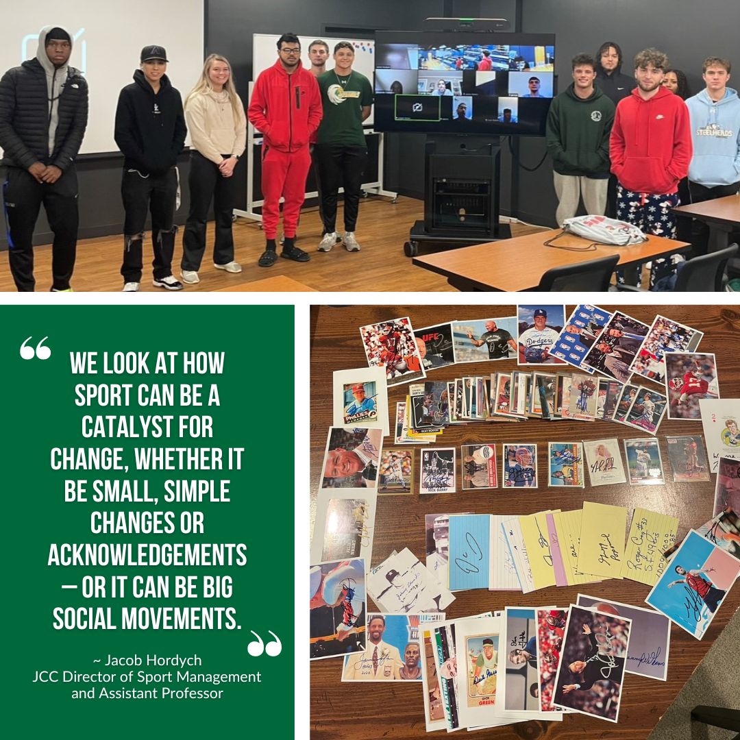 A collage showing college students posing for a picture, autographed trading cards and pictures, and a motivational quote.