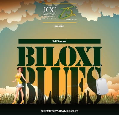 Theater poster for Neil Simon's play 'Biloxi Blues' with JCC 70th anniversary logo. Features a 1940s pin-up style woman and dog tags.