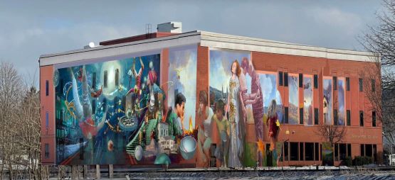 A look at the north and west walls of artist Meg Saligman’s mural design for SUNY JCC’s Cattaraugus County Campus Library & Liberal Arts Center