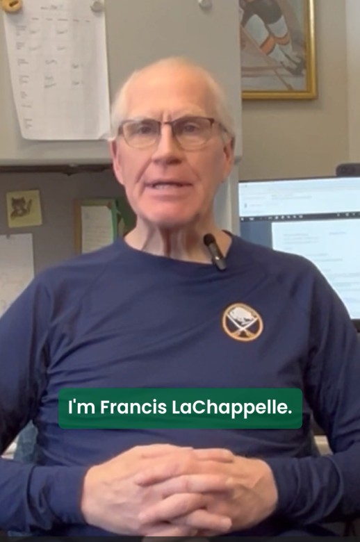 Screenshot of a video of a person talking with the words I'm Francis LaChappelle.
