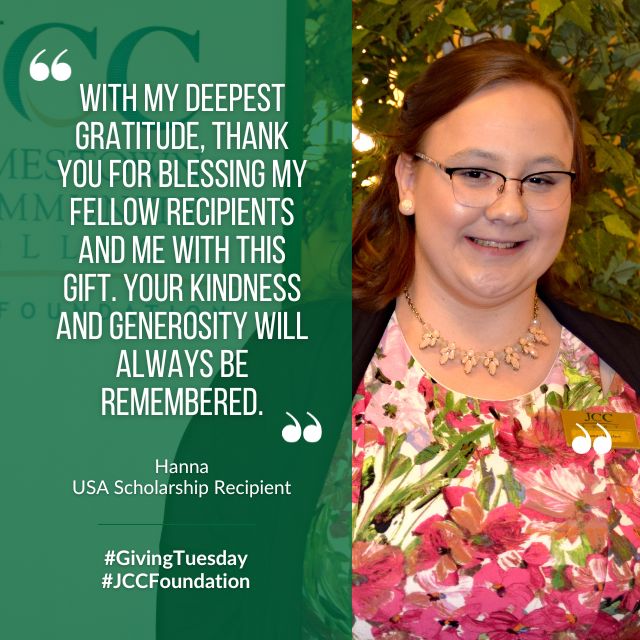 A college student is shown with a with a graphic and quote: "With my deepest grattitude, thank you for blessing my fellow recipients and me with this gift. Your kindness and generosity will always be remembered." - Hanna, USA Scholarship Recipient.
