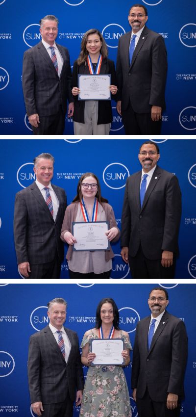 A collage of three stacked photos featuring students holding a certificate of achievement and flanked by two men wearing suits before a blue SUNY background.
