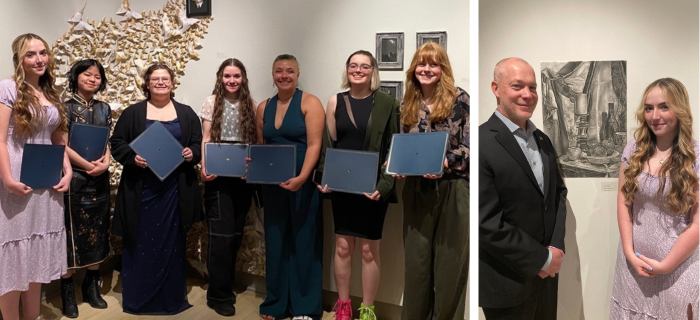 Student artist posing with college president with artwork hanging on a wall in the background and student artists show off their awards in an art gallery.