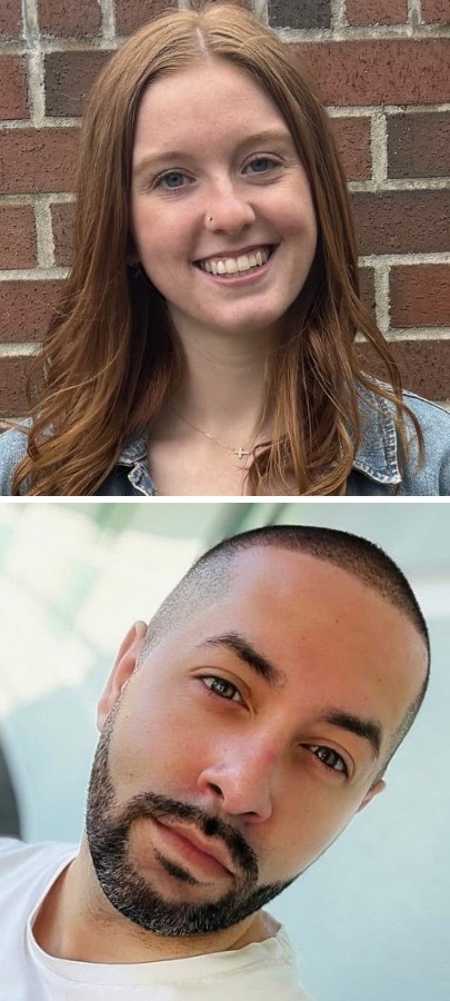 A split image with a woman smiling in front of a brick wall above and a man looking relaxed against a soft, light background below. Both convey a friendly tone.