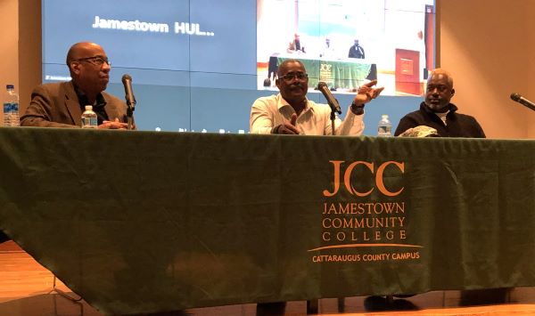 From left, military veterans Arthur Austin, Martin McCall, and Matt Milliner, speak during a Veterans Day Panel Discussion at SUNY JCC's Cattaraugus County Campus.