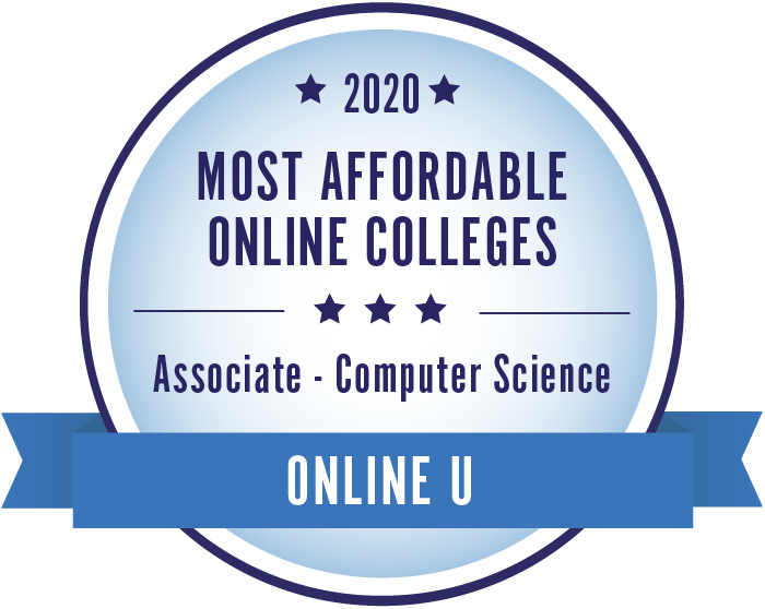 Badge awarding JCC's Computer Science degree with 2020 Most Affordable Online Associate Computer Science Degrees award from Online U
