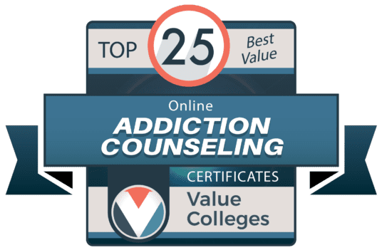 Badge awarding JCC's addictions counseling certificate with 2021 Top 25 Best Online Certificates in Addiction Counseling from Value Colleges