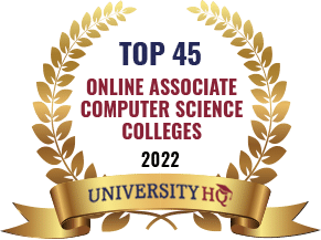 Badge awarding JCC's Computer Science degree with 2022 Top 45 Online Associate Computer Science Colleges award from University HQ