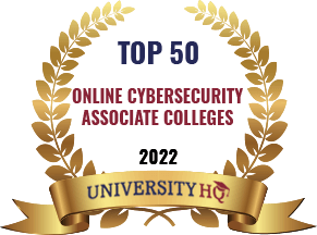 Badge awarding JCC's Cybersecurity degree with 2022 Top 50 Online Cybersecurity Associate Colleges award from University HQ
