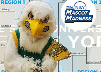 JJ Jayhawk holds a trophy in front of a graphic of a competition bracket with the SUNY Mascot Madness logo to his right.