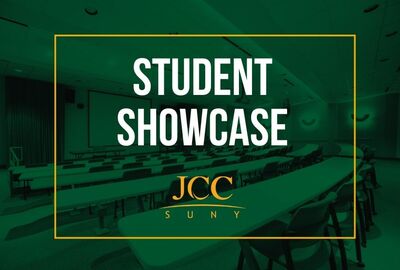 A graphic with a dark green overlay showing an empty theater with the words Student Showcase and a yellow SUNY JCC logo
