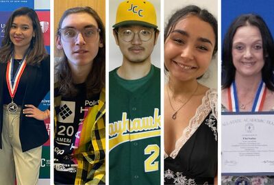 A horizontal collage showing headshots of five students.