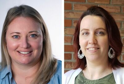 A collage of two photos showing headshots of college course instructors.