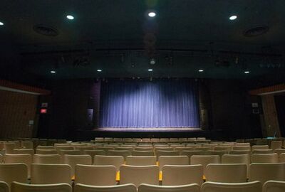 An empty theater with a view of the backs of empty theater seats and lighted stage.