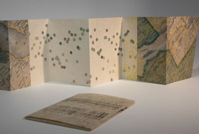 A displayed artwork that portrays a portion of a map of the Chautauqua region.