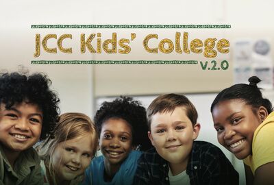 A graphic showing five children smiling and the words JCC Kids College v.2.0.