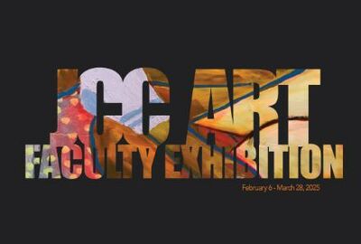 Colorful words that read JCC Art Faculty Exhibition with a black background.