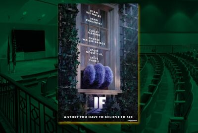 A graphic highlighting the movie "If" with a dark green background showing a theater.