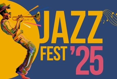 Vector graphic of a man playing a trumpet and the words Jazz Fest '25.