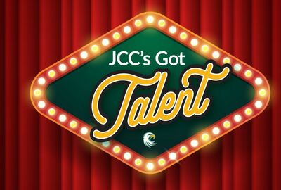 A graphic that reads in green and gold: JCC's Got Talent with a Jayhawk logo and red curtain background.