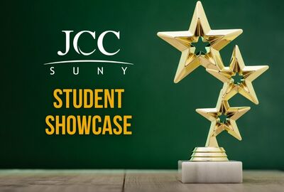 A graphic showing a trophy with three gold stars, a SUNY JCC logo and the words Student Showcase.