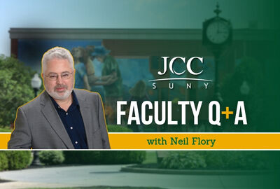 A college campus image graphic showing a headshot of a man, the SUNY JCC logo and the words Faculty Q+A with Neil Flory.